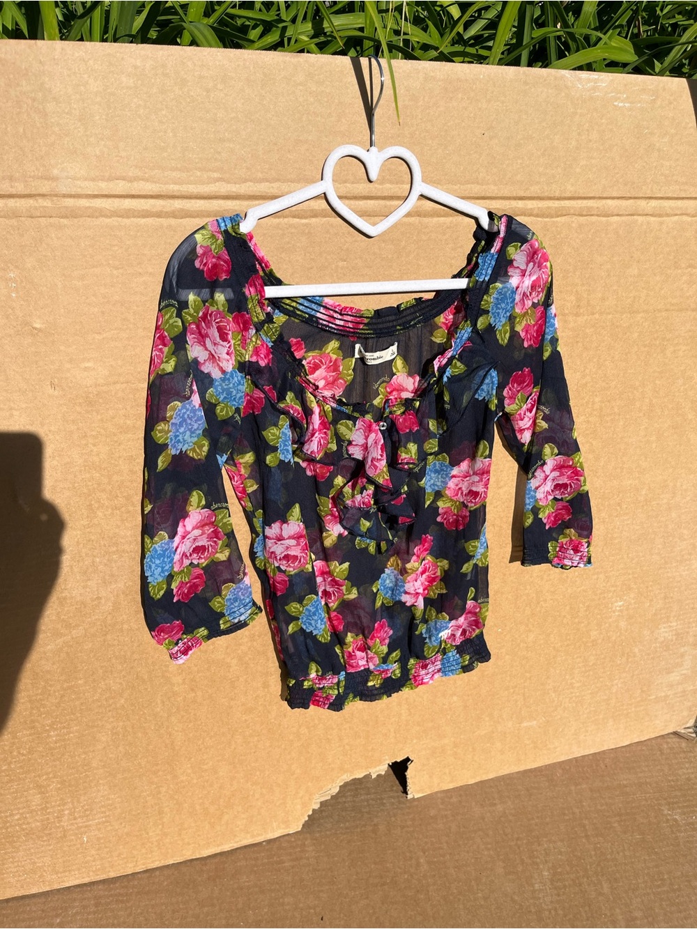 Floral Ruffle Off-shoulder Peasant Top - Navy with Pink & Blue Flowers